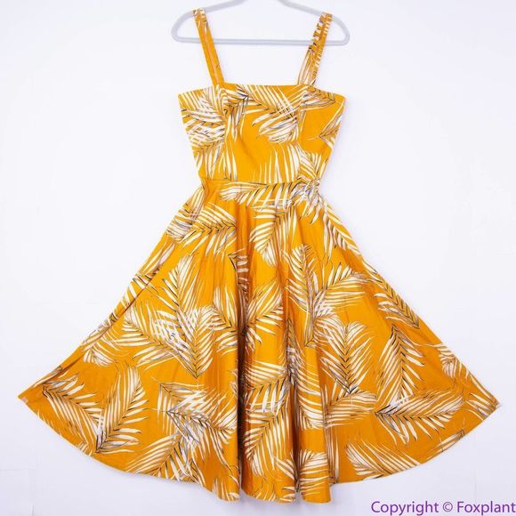 NEW White House Black Market gold Palm-Print Midi Dress with pockets, 8 - Picture 3 of 15